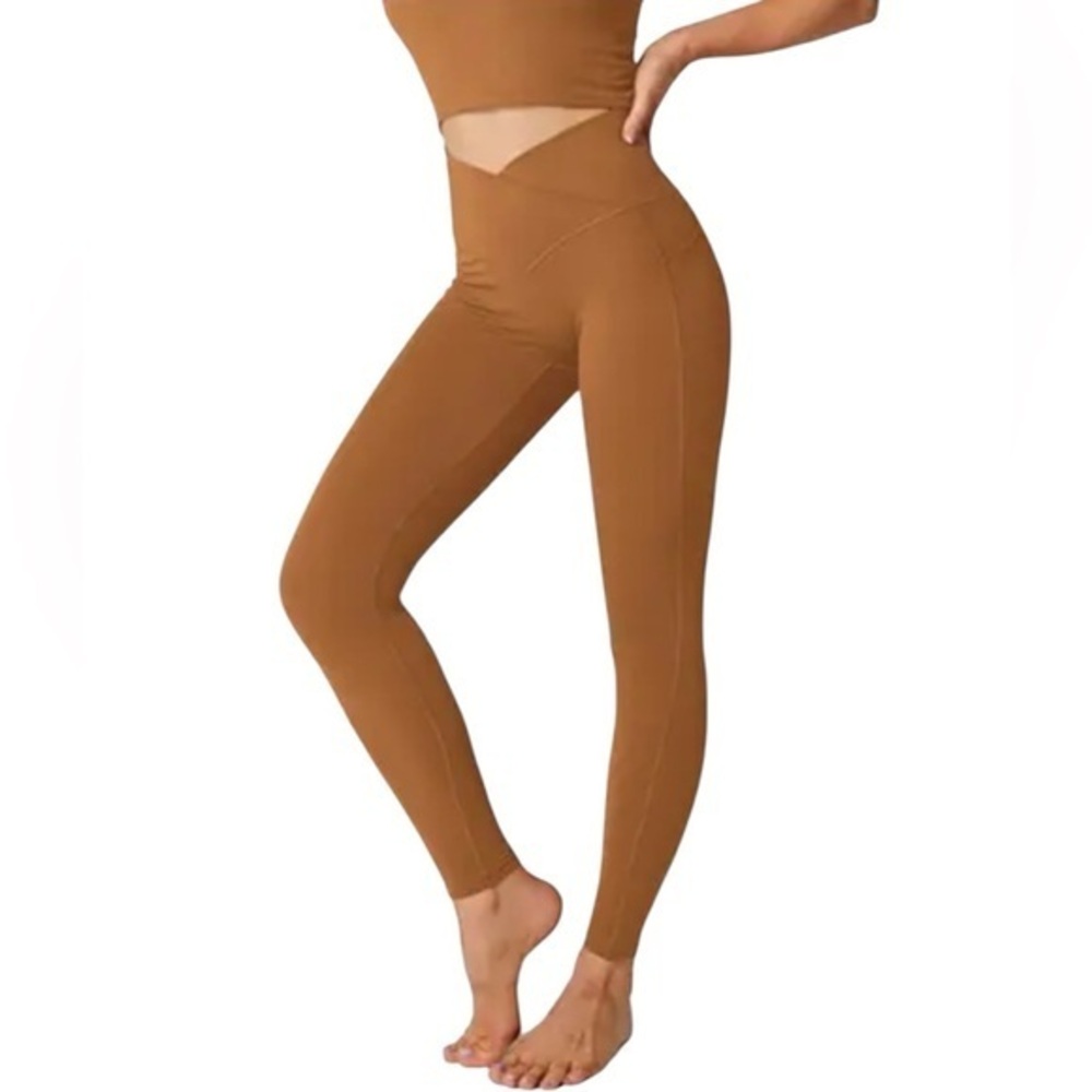 Aerie High Waisted Cross Over Beige Tan Leggings Size Small Full Lenght
